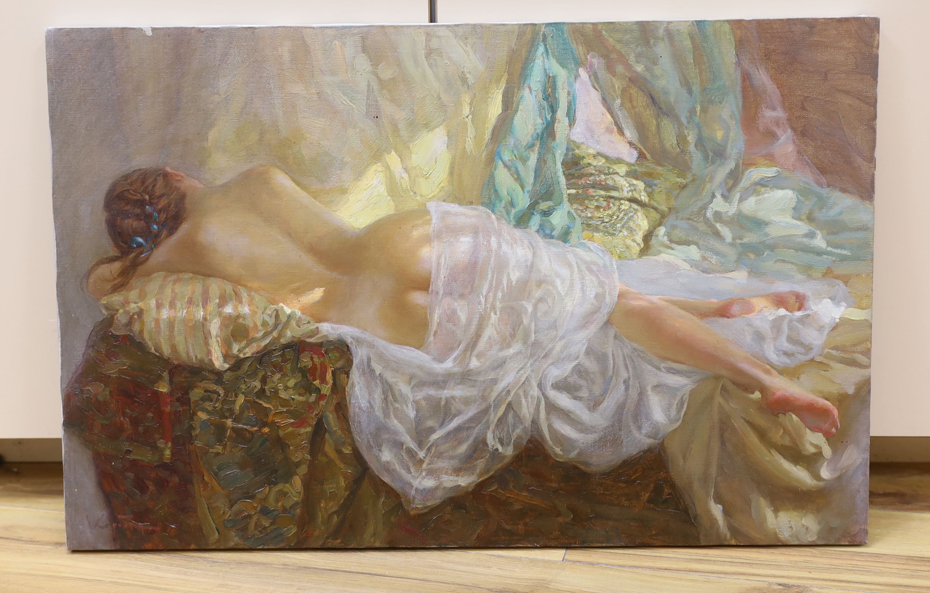 Russian School, oil on canvas, Reclining semi-nude female, indistinctly signed lower left, 45 x 70cm, unframed